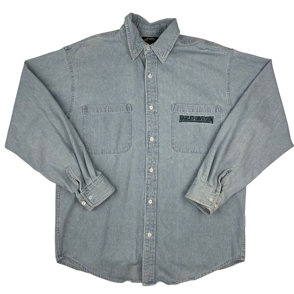Harley-Davidson Mens Light Wash Denim Button Down Shirt‎ Embroidered Blue Large